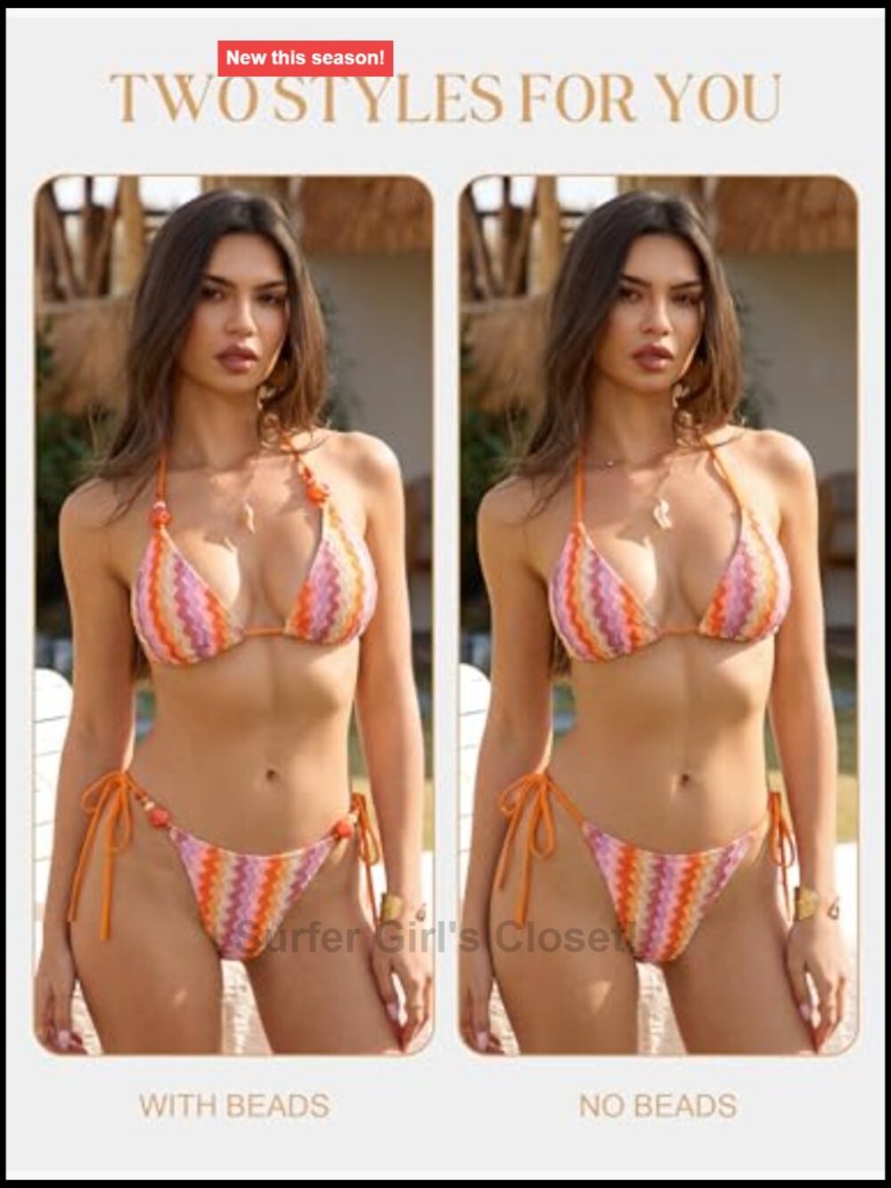 Beads Triangle Bikini Set 2 Piece String High Cut Cheeky Thong Swimsuit - Picture 6 of 7